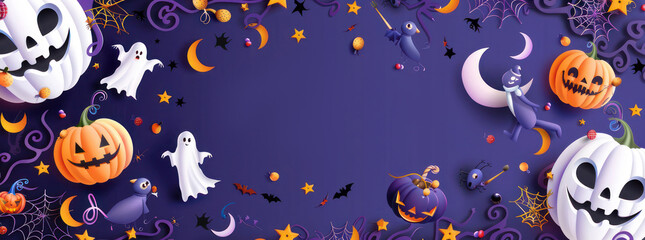 Wall Mural - Halloween background with spooky elements like pumpkins style purple color banner design.