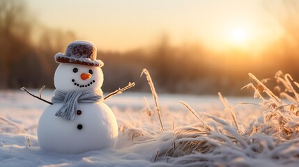 Adorable snowman in a winter landscape, donning a hat and scarf, with sunlight and soft shadows