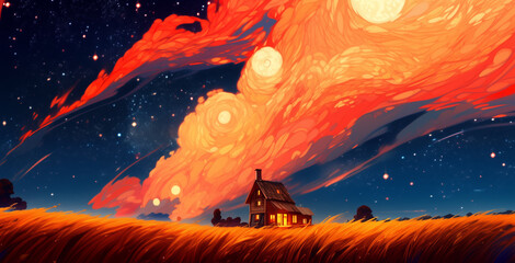 Wall Mural - Hand-drawn cartoon artistic and beautiful wheat field illustration under the starry sky
