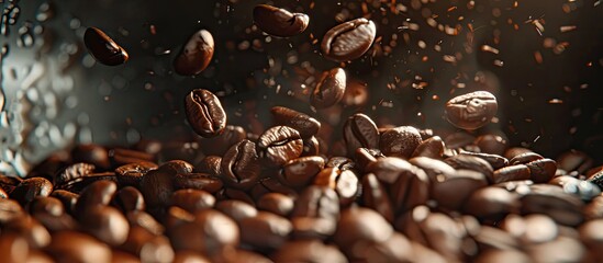 Leinwandbilder - Dark roasted coffee beans in a coffee machine with spinning motion creating a background for the beverage and coffee industry with ample copy space image