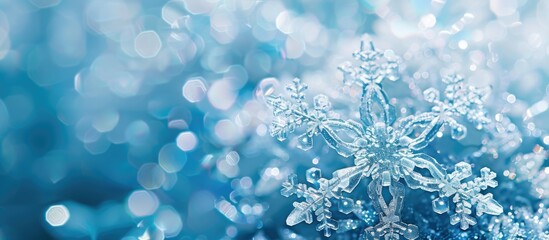 Poster - Close up of a winter snowflake against a monochrome blue background with selective focus creating a banner like copy space image