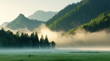 This beautiful scene captures sunrise over a misty meadow, with mountains silhouetted in the background and a soft golden light filtering through the morning mist.