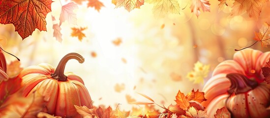 Poster - Seasonal autumn themed background featuring pumpkins fallen leaves and a copy space image for text