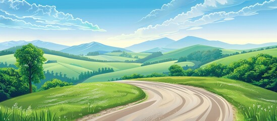 Poster - A rural summer scene with a country road set amidst green hills under a blue sky perfect for a copy space image