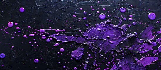 Wall Mural - Vibrant purple paint splatters on a black backdrop with ample copy space for images creating an artistic scene