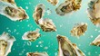 © lastfurianec - Promotional photo of oysters flying in the air on a minimalistic background of rich bright green color.