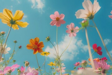 Sticker - Colorful cosmos flowers in the meadow on a blue sky background.