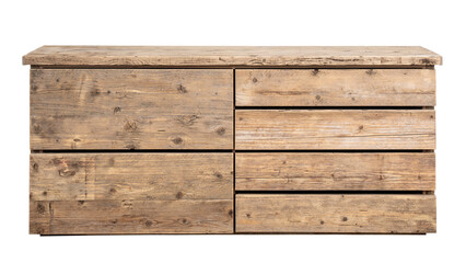 Wall Mural - mobile chest of drawers with recycled raw wood planks with six drawers. Isolated white background