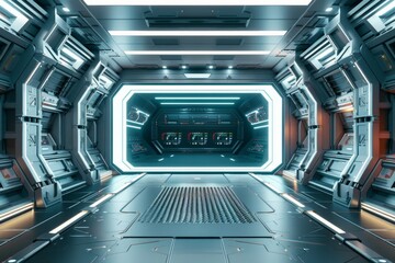 An empty stage in a futuristic spaceship, with a sleek metallic floor, control panels with glowing buttons, and a large window showing the vastness of space