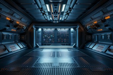 An empty stage in a futuristic spaceship, with a sleek metallic floor, control panels with glowing buttons, and a large window showing the vastness of space