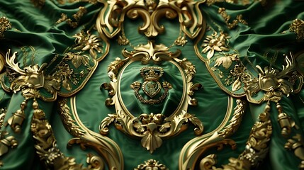 Wall Mural - A stately royal abstract background in forest green and gold, showcasing intricate heraldic designs and sumptuous velvet textures