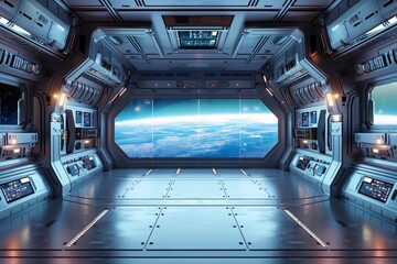 An empty stage in a futuristic spaceship, with a sleek metallic floor, control panels with glowing buttons, and a large window showing the vastness of space