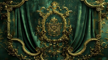 Wall Mural - A stately royal abstract background in forest green and gold, showcasing intricate heraldic designs and sumptuous velvet textures