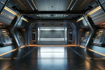 An empty stage in a futuristic spaceship, with a sleek metallic floor, control panels with glowing buttons, and a large window showing the vastness of space