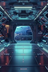 An empty stage in a futuristic spaceship, with a sleek metallic floor, control panels with glowing buttons, and a large window showing the vastness of space