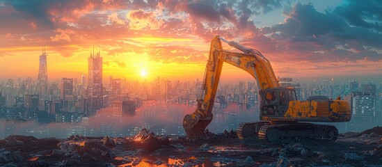 Wall Mural - Excavator at Sunset Over a City Skyline