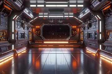 An empty stage in a futuristic spaceship, with a sleek metallic floor, control panels with glowing buttons, and a large window showing the vastness of space