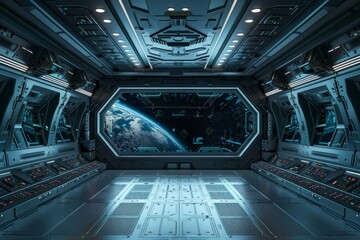 An empty stage in a futuristic spaceship, with a sleek metallic floor, control panels with glowing buttons, and a large window showing the vastness of space
