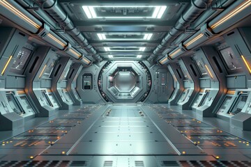 An empty stage in a futuristic spaceship, with a sleek metallic floor, control panels with glowing buttons, and a large window showing the vastness of space