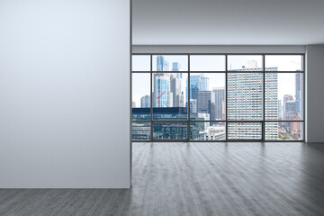 Wall Mural - Downtown Philadelphia City Skyline Buildings from High Rise Window. Beautiful Expensive Real Estate overlooking. Empty room Interior. Mockup wall. Skyscrapers Cityscape. Day. Penn. 3d rendering.