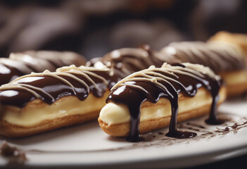 Wall Mural - delicate éclairs filled with vanilla pastry cream and topped with chocolate glaze