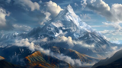 Wall Mural - Awe-inspiring mountain range with snow-capped peaks and dramatic clouds, perfect for adventurous and inspiring designs. 