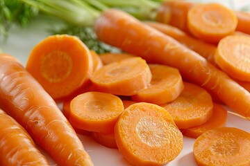 Freshly sliced carrots with green tops on white background