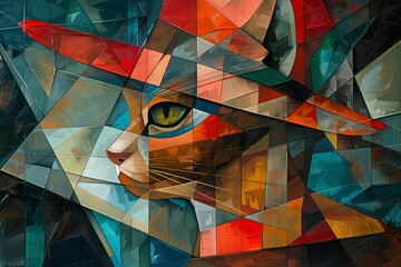 Wall Mural - abstract geometric illustration of a cat wearing a hat with vibrant colors