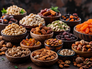 Wall Mural - Assorted Nuts and Dried Fruits in Bowls on a Dark Wooden Table