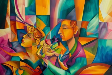 Wall Mural - colorful abstract painting depicting two people in a cubist style with vibrant geometric shapes