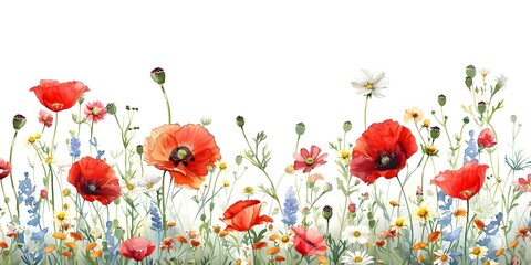 Wall Mural - Wildflower Meadow Pattern Watercolor Red Poppies and Daisies on White. Concept Floral, Watercolor, Wildflower Meadow, Red Poppies, Daisies