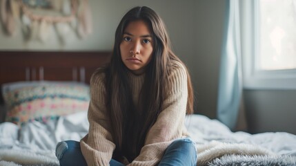 Native American Teenage Girl at Home, Casual Wear, Reflective Mood, Cozy Room Interior