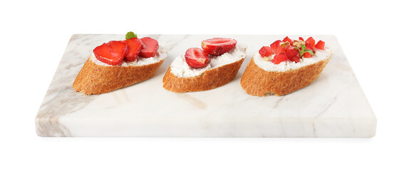 Wall Mural - Delicious ricotta bruschettas with strawberry, mint and walnut isolated on white