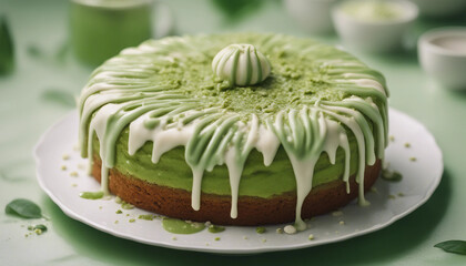 Wall Mural - delicate matcha green tea cake with white chocolate drizzle