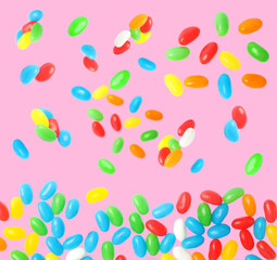 Canvas Print - Many sweet jelly candies falling on pink background