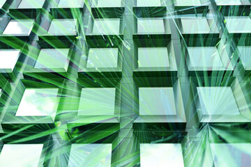 Wall Mural - Environment. Modern building and green palm leaves, double exposure