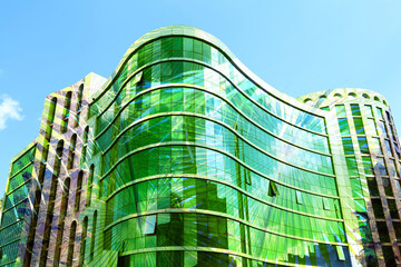 Wall Mural - Environment. Modern building and green palm leaves, double exposure