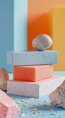 Wall Mural - A stack of three blocks with a pink one on top and two orange ones underneath