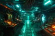© KP - Futuristic spaceship interior with glowing green lights.