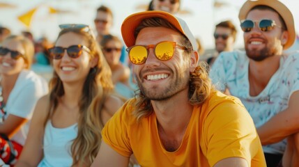 Wall Mural - A cheerful group of friends sits on the beach, enjoying the sunny weather and the soothing ocean breeze, creating a memorable and relaxing day at the beach together.