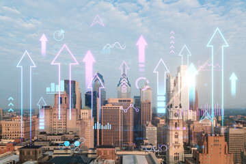 Wall Mural - Philadelphia skyline with futuristic holographic overlays. Digital graphic, city background, technology concept. Double exposure