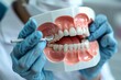 © Rafael - Dentist Holding Dental Tools And Artificial Dentures With Teeth, Gum, And Bone, Dentistry Clinic Advertising Concept