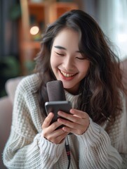 Wall Mural - a happy asian woman recording her voice. a modern living room background. She holds up the smart device. 