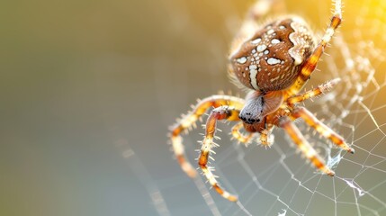 A vivid orange and white spider resting on its web, bathed in warm golden light; this macro shot captivates the intricate web patterns and the spider's detailed features.