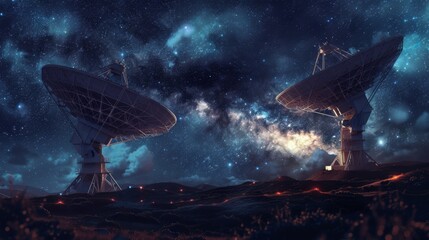 Two large radio telescopes with satellite dishes on planet Earth pointing at starry sky. High - tech astronomical observatory for observing the cosmos with its stars and galaxies