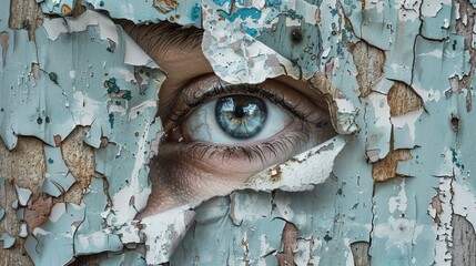 A woman's eye looking through a torn hole in vintage paper. Blue and beige mural painted in hyperrealism.