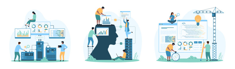 Wall Mural - automated data analysis management, computing service, coding with ai and software set. tiny people 