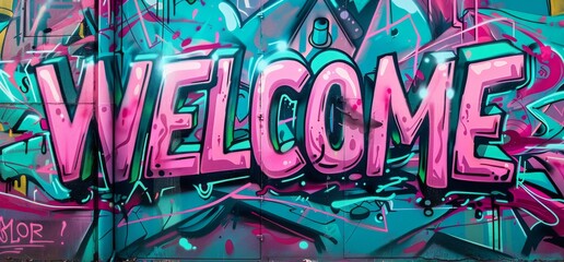 Wall Mural - This is a stock photo showing the word Welcome written in colorful graffiti on a wall, street art. The paint has melted down.