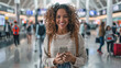 © SerPak - A delighted curly-haired female traveler using a smartphone at an airport terminal with travelers in background