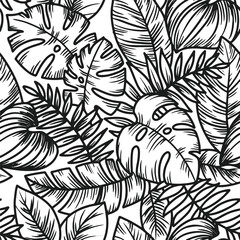 Wall Mural - linear vector seamless pattern with tropical leaves.